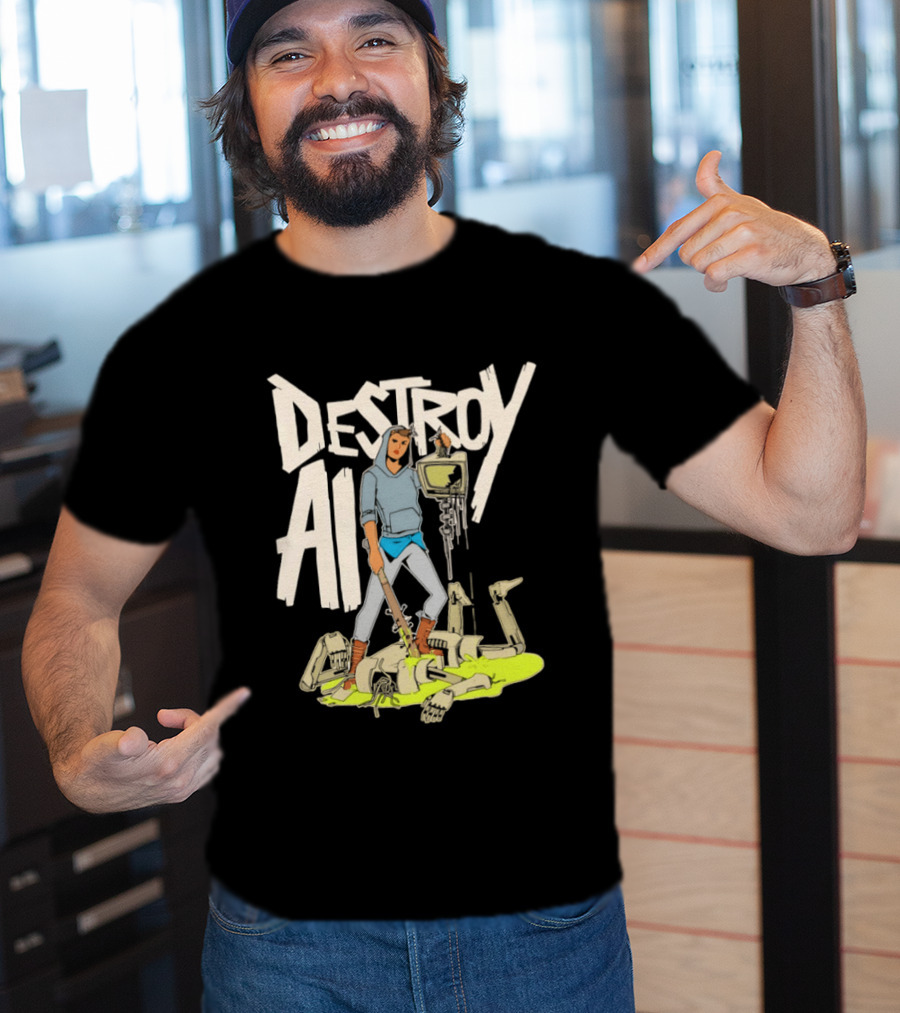 Destroy AI Sci Fi Cyberpunk Robot Resistance Heroic Battle Scene T-Shirt