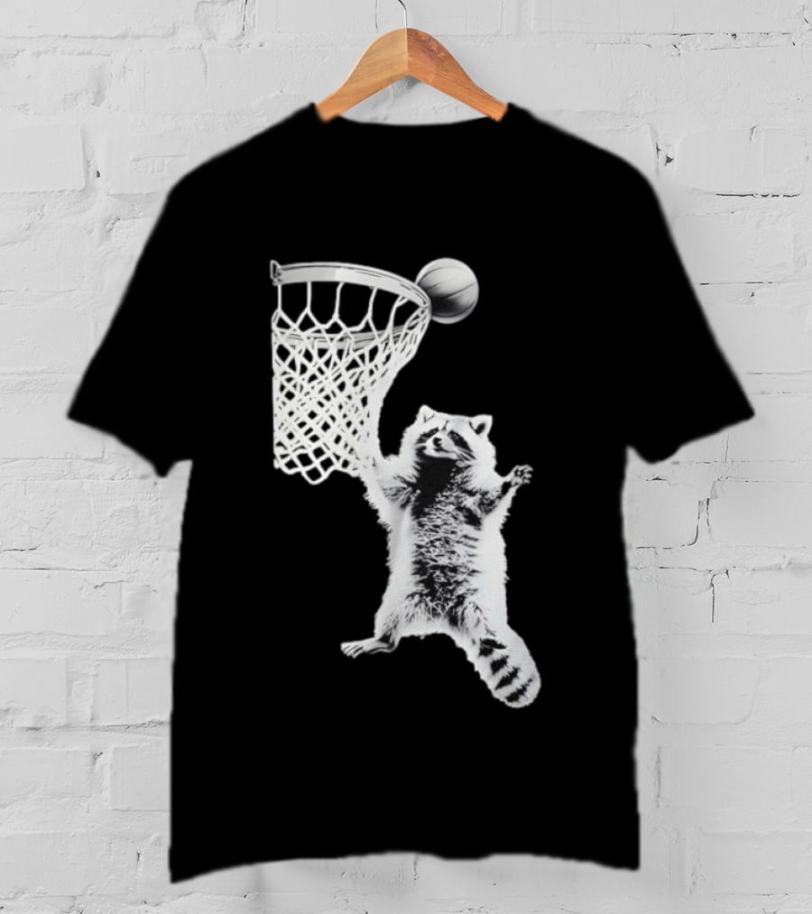 Raccoon Dunking Basketball Fun Animal Sports Play T-Shirt