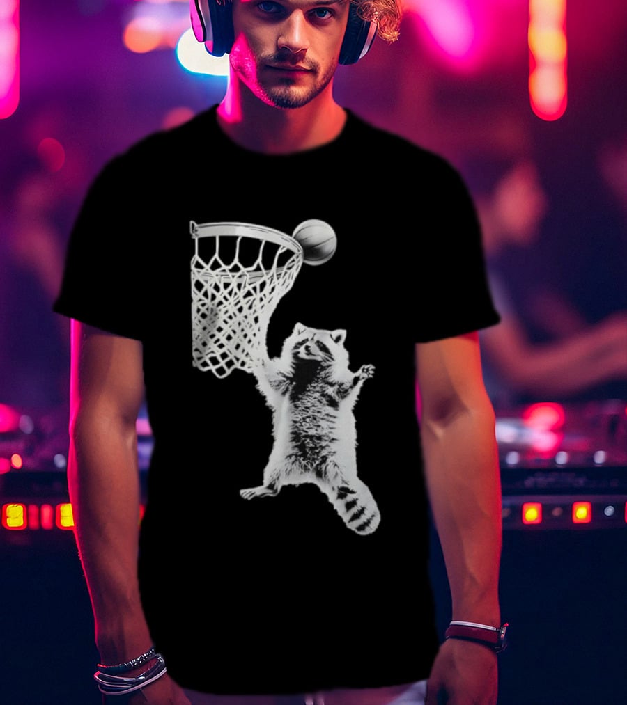 Raccoon Dunking Basketball Fun Animal Sports Play T-Shirt