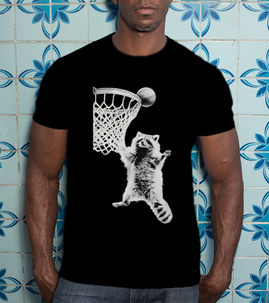 Raccoon Dunking Basketball Fun Animal Sports Play T-Shirt