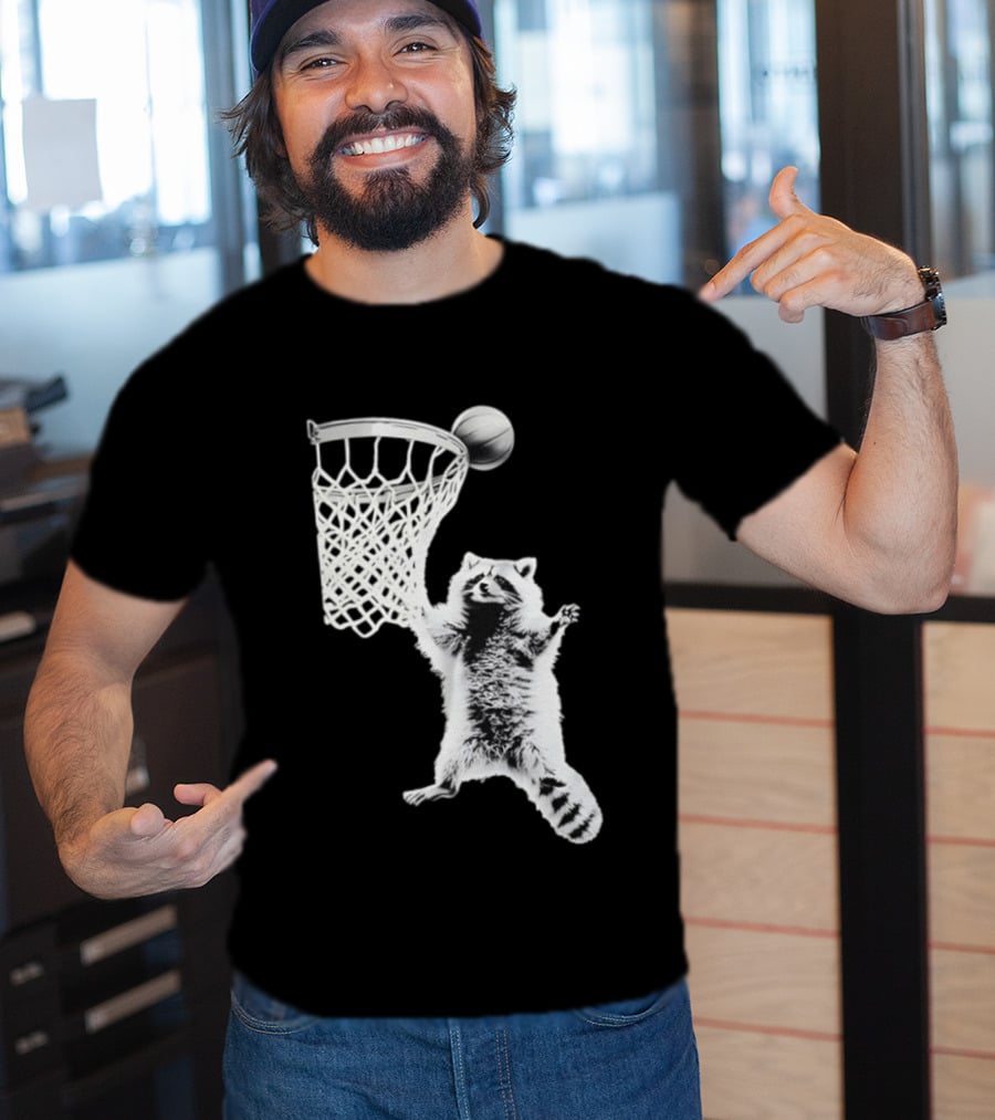 Raccoon Dunking Basketball Fun Animal Sports Play T-Shirt