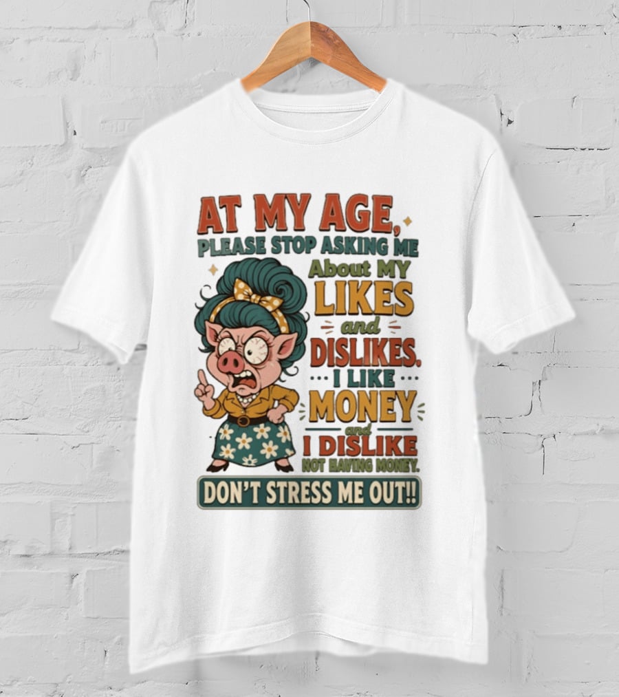 At My Age Please Stop Asking About My Likes I Like Money I Dislike Not Having Money Don't Stress Me Out T-Shirt