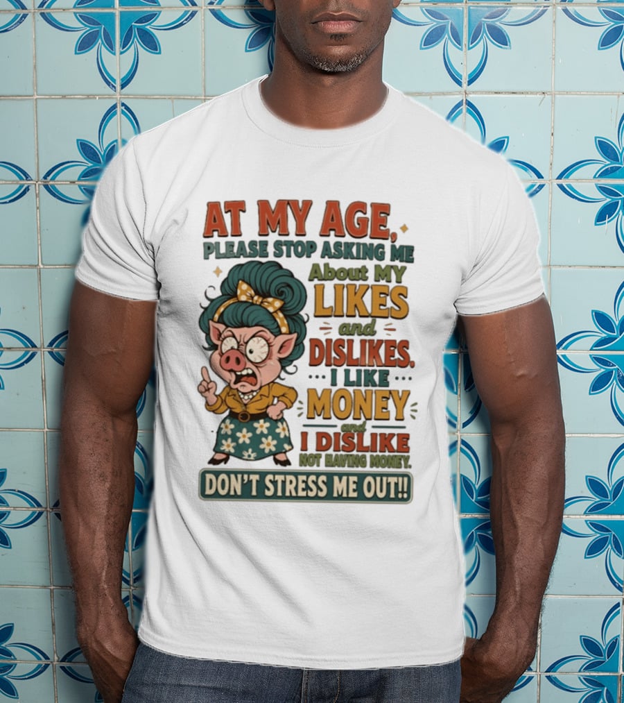 At My Age Please Stop Asking About My Likes I Like Money I Dislike Not Having Money Don't Stress Me Out T-Shirt