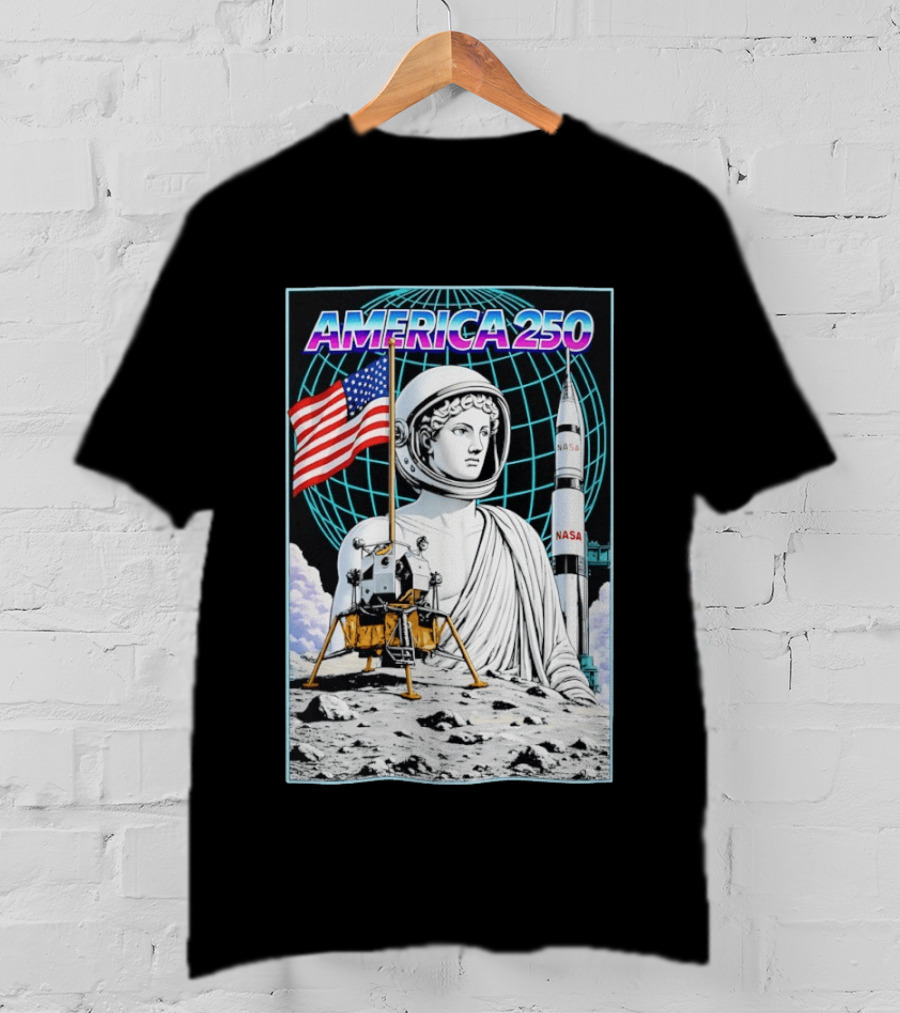 America 250 Apollo Space Rocket NASA Flag Astronaut Statue Moon T-Shirt
