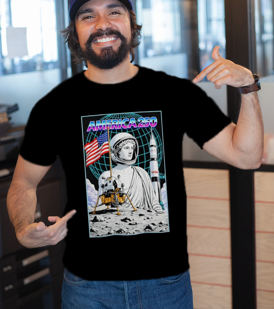 America 250 Apollo Space Rocket NASA Flag Astronaut Statue Moon T-Shirt