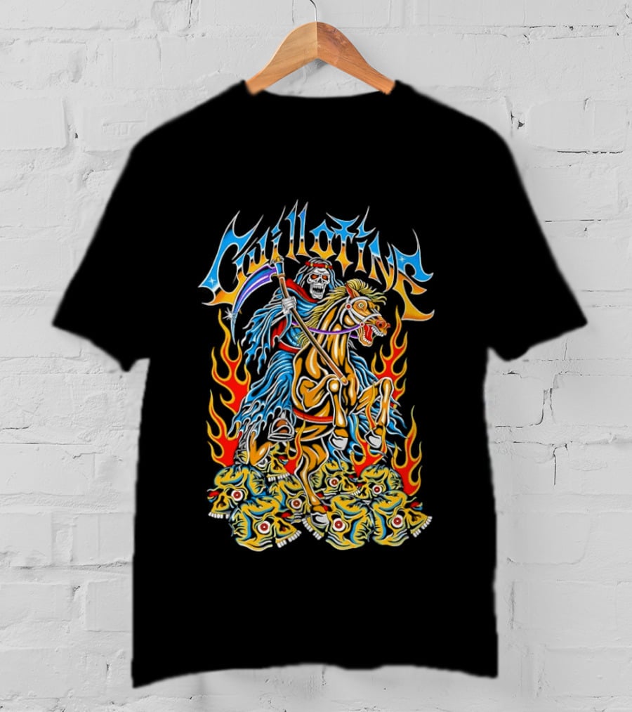 Guillotine Grim Reaper Riding Fiery Horse With Skull And Flames Heavy Metal Concert T-Shirt