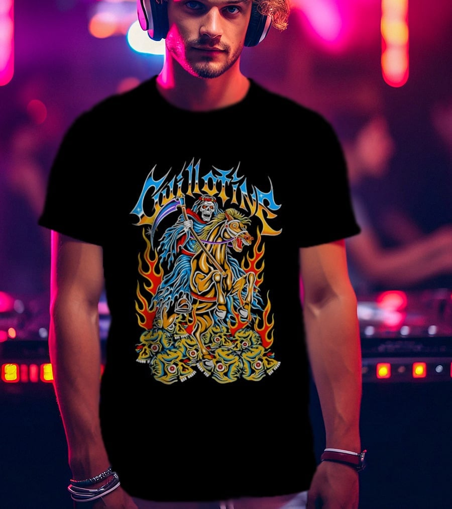 Guillotine Grim Reaper Riding Fiery Horse With Skull And Flames Heavy Metal Concert T-Shirt