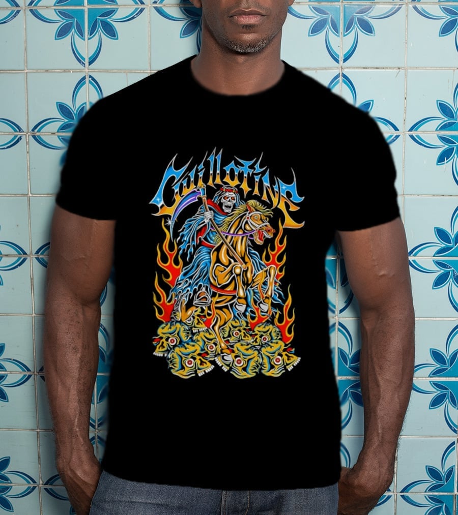 Guillotine Grim Reaper Riding Fiery Horse With Skull And Flames Heavy Metal Concert T-Shirt