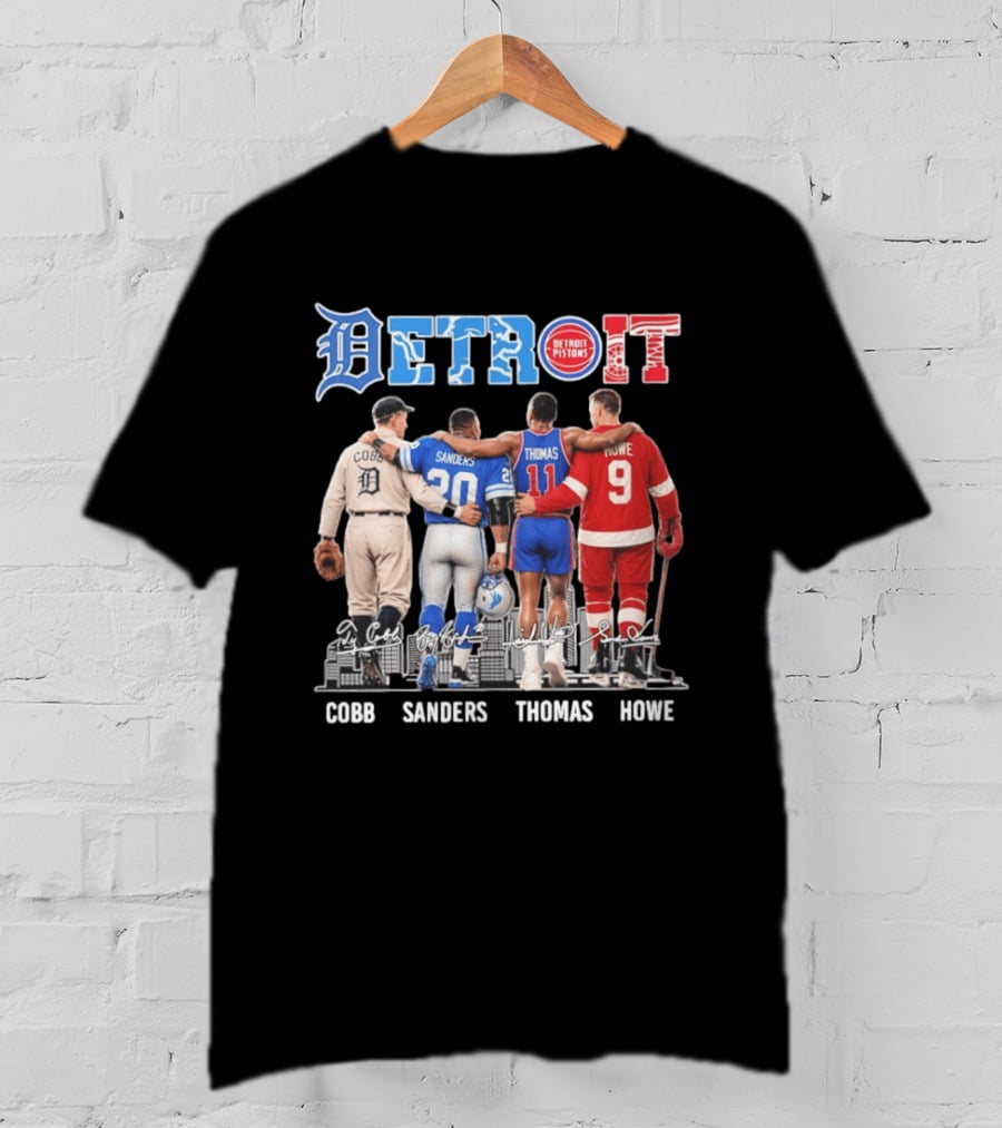 Detroit Icons Ty Cobb Barry Sanders Isiah Thomas Gordie Howe Signatures Skyline T-Shirt
