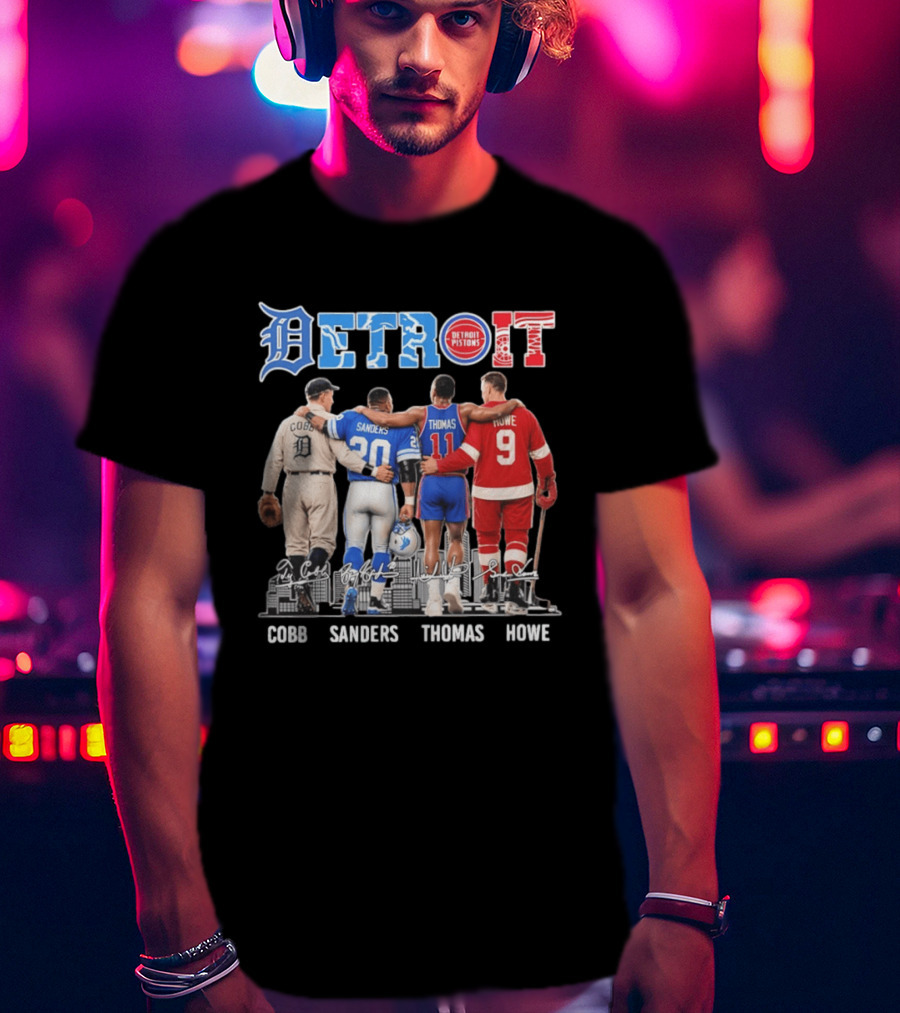 Detroit Icons Ty Cobb Barry Sanders Isiah Thomas Gordie Howe Signatures Skyline T-Shirt