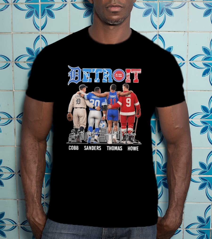 Detroit Icons Ty Cobb Barry Sanders Isiah Thomas Gordie Howe Signatures Skyline T-Shirt
