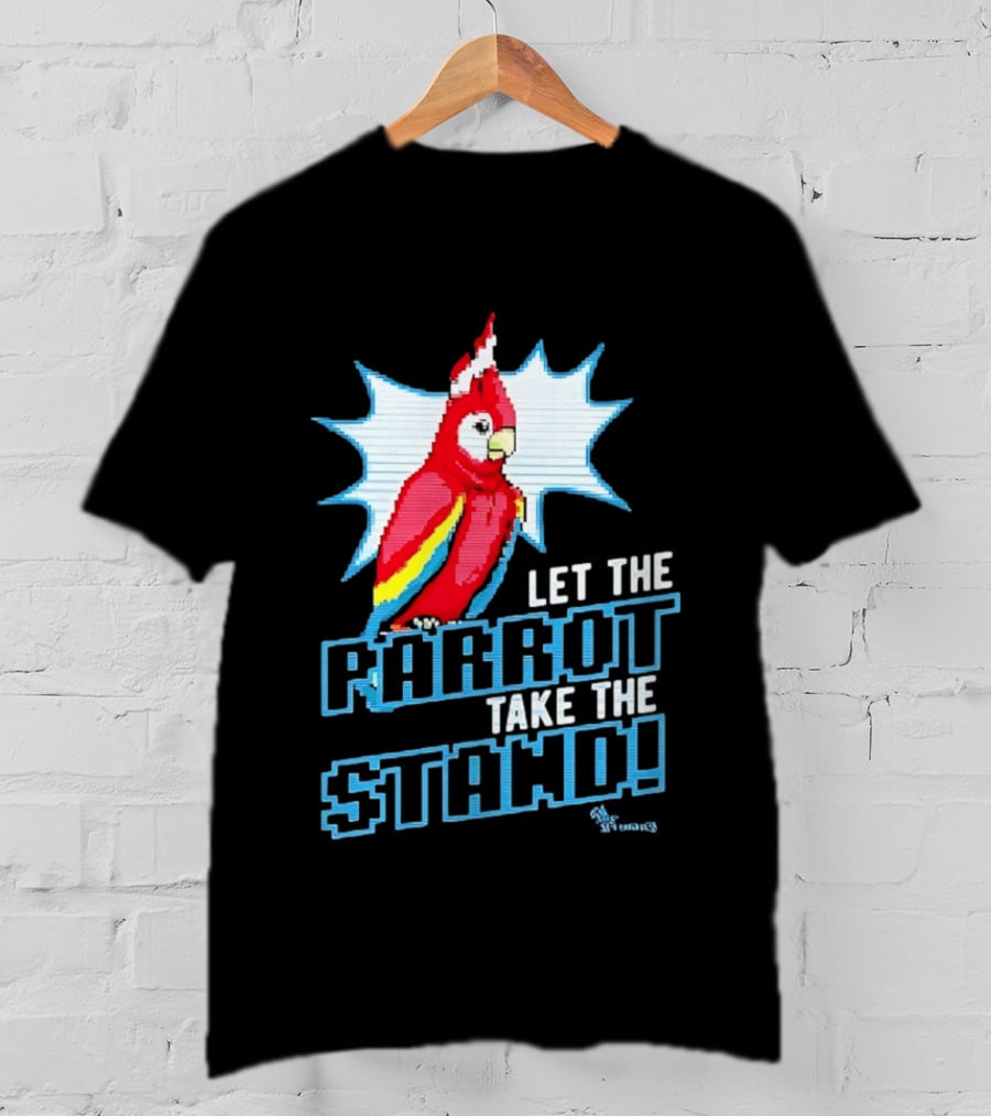 Let The Parrot Take The Stand Vibrant Red Bird With Santa Hat And Blue Starburst T-Shirt