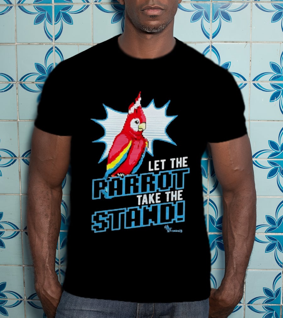 Let The Parrot Take The Stand Vibrant Red Bird With Santa Hat And Blue Starburst T-Shirt