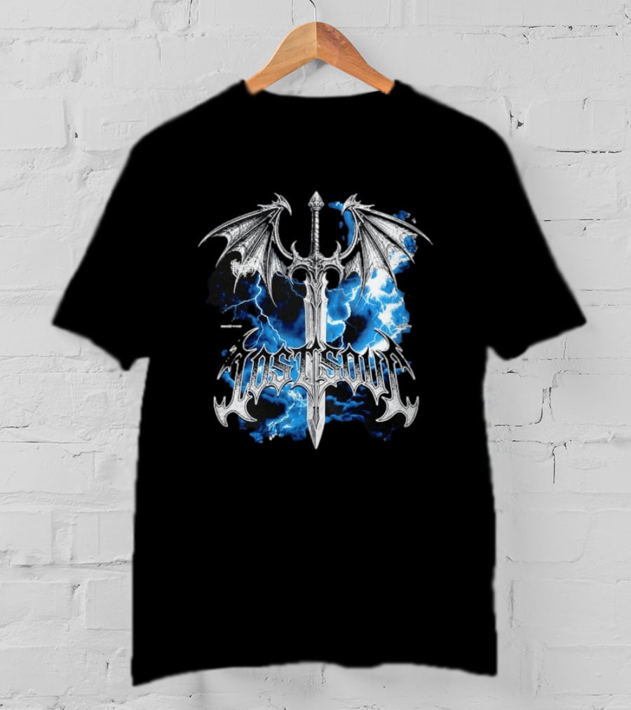 Lost Soul Gothic Sword With Wings And Blue Lightning T-Shirt
