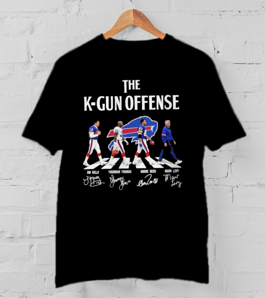 The K Gun Offense Buffalo Bills Jim Kelly Thurman Thomas Andre Reed Marv Levy Abbey Road With Signatures T-Shirt