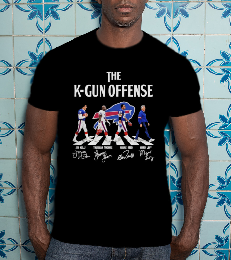 The K Gun Offense Buffalo Bills Jim Kelly Thurman Thomas Andre Reed Marv Levy Abbey Road With Signatures T-Shirt
