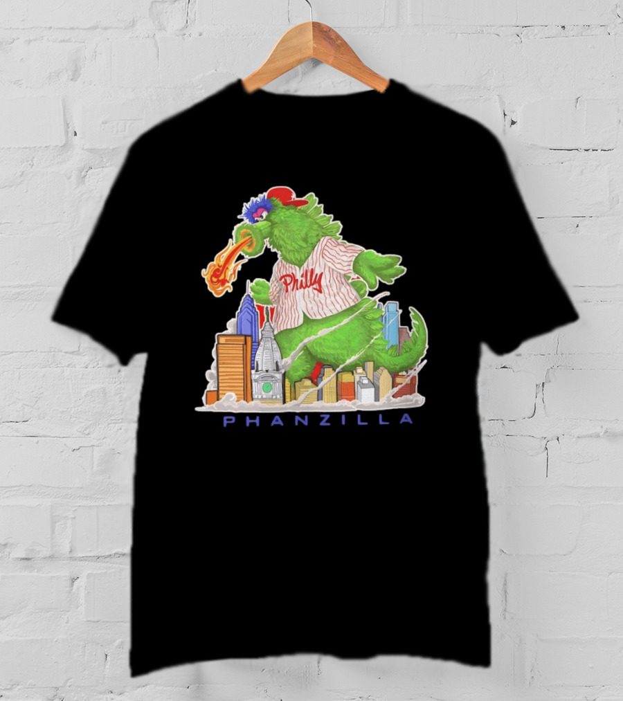Phillie Phanatic Phanzilla Cityscape Fire Breathing Baseball T-Shirt