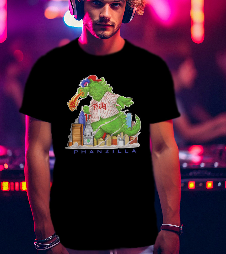 Phillie Phanatic Phanzilla Cityscape Fire Breathing Baseball T-Shirt