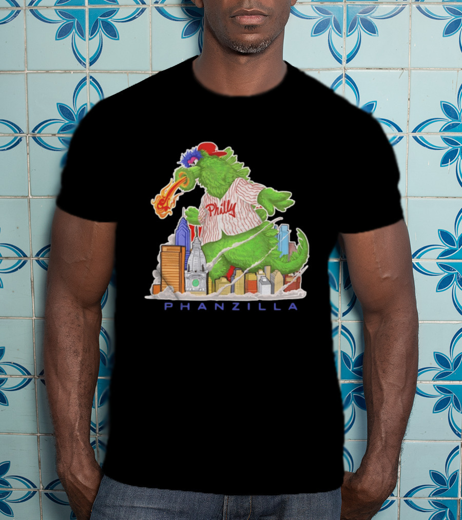Phillie Phanatic Phanzilla Cityscape Fire Breathing Baseball T-Shirt