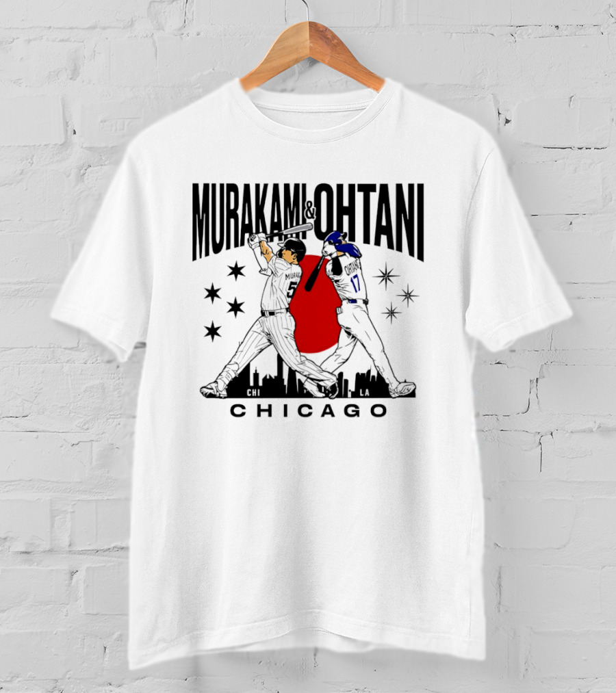 Murakami Ohtani Chicago Baseball Crossed Bats Skyline Stars Red Sun Japan T-Shirt