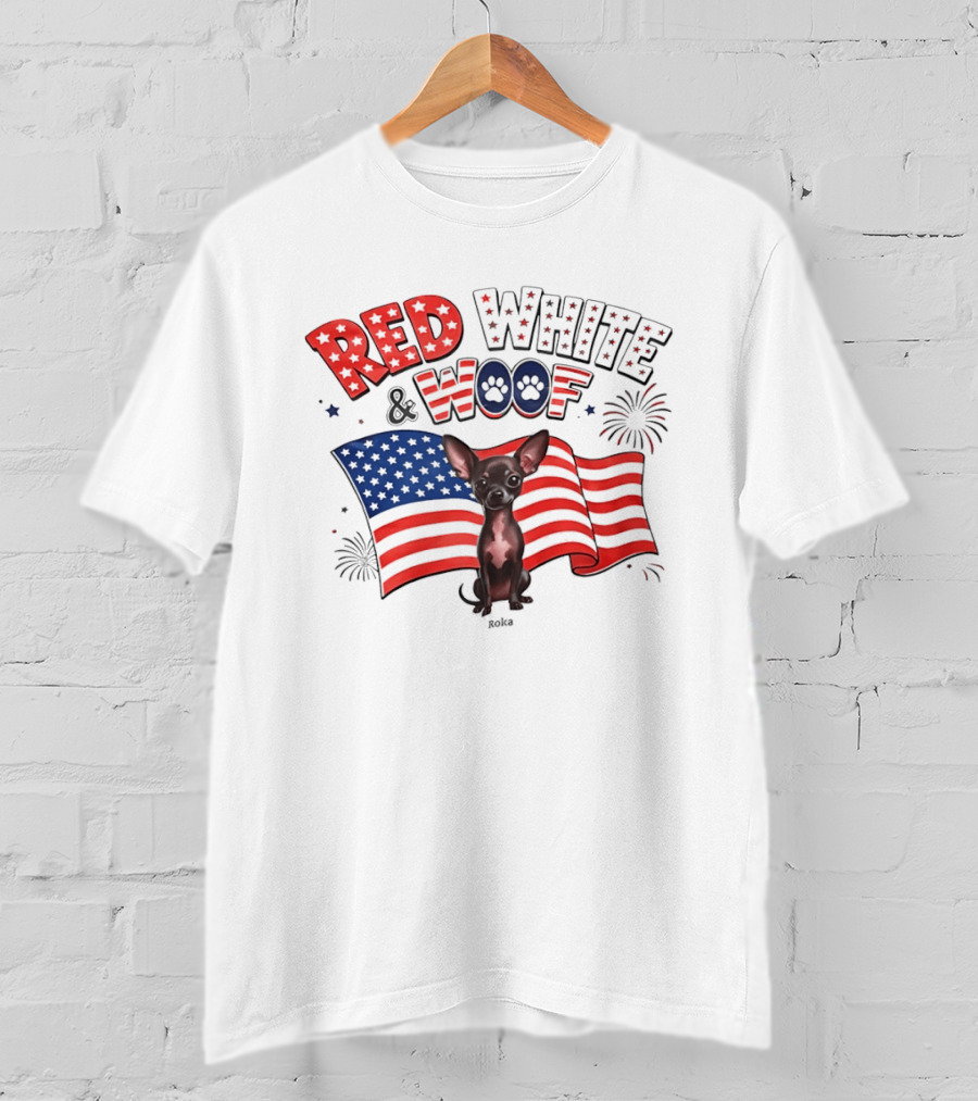 Chihuahua Red White And Woof US Flag Fireworks Celebration T-Shirt