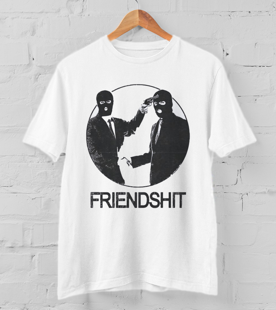 FRIENDSHIT Ski Mask Men Handshaking Gun Gesture T-Shirt