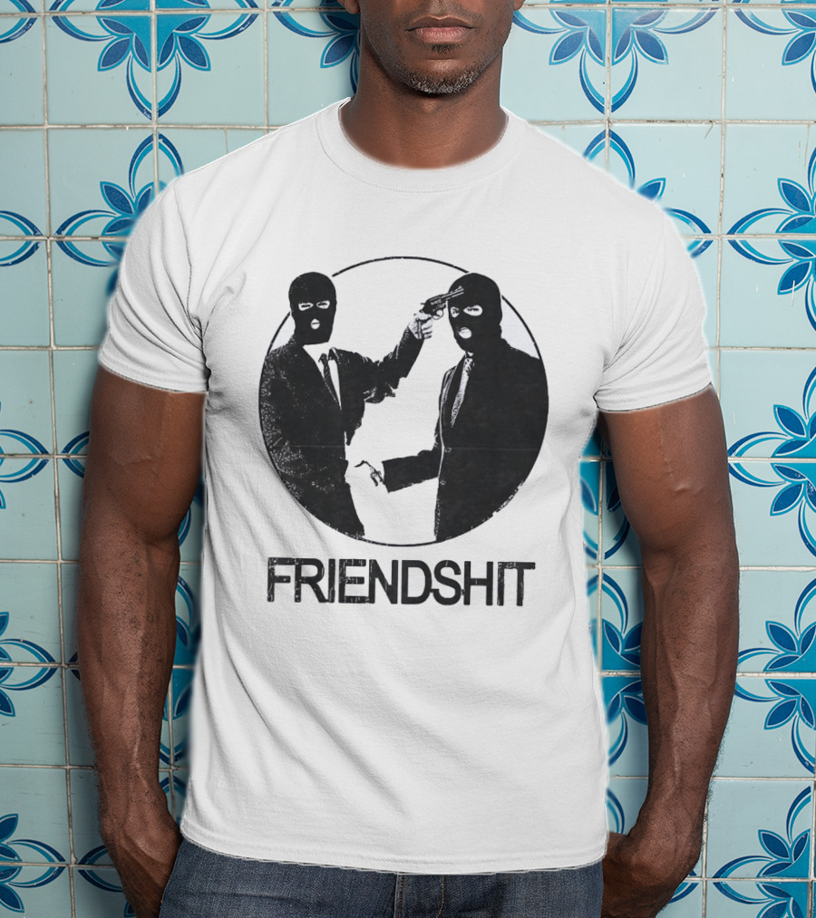 FRIENDSHIT Ski Mask Men Handshaking Gun Gesture T-Shirt
