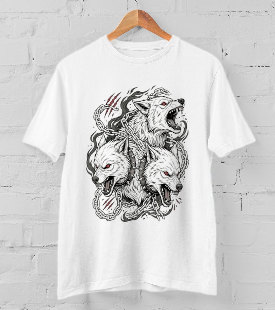 Three Headed Wolf Cerberus Mythology Red Eyes Fierce Gaze T-Shirt
