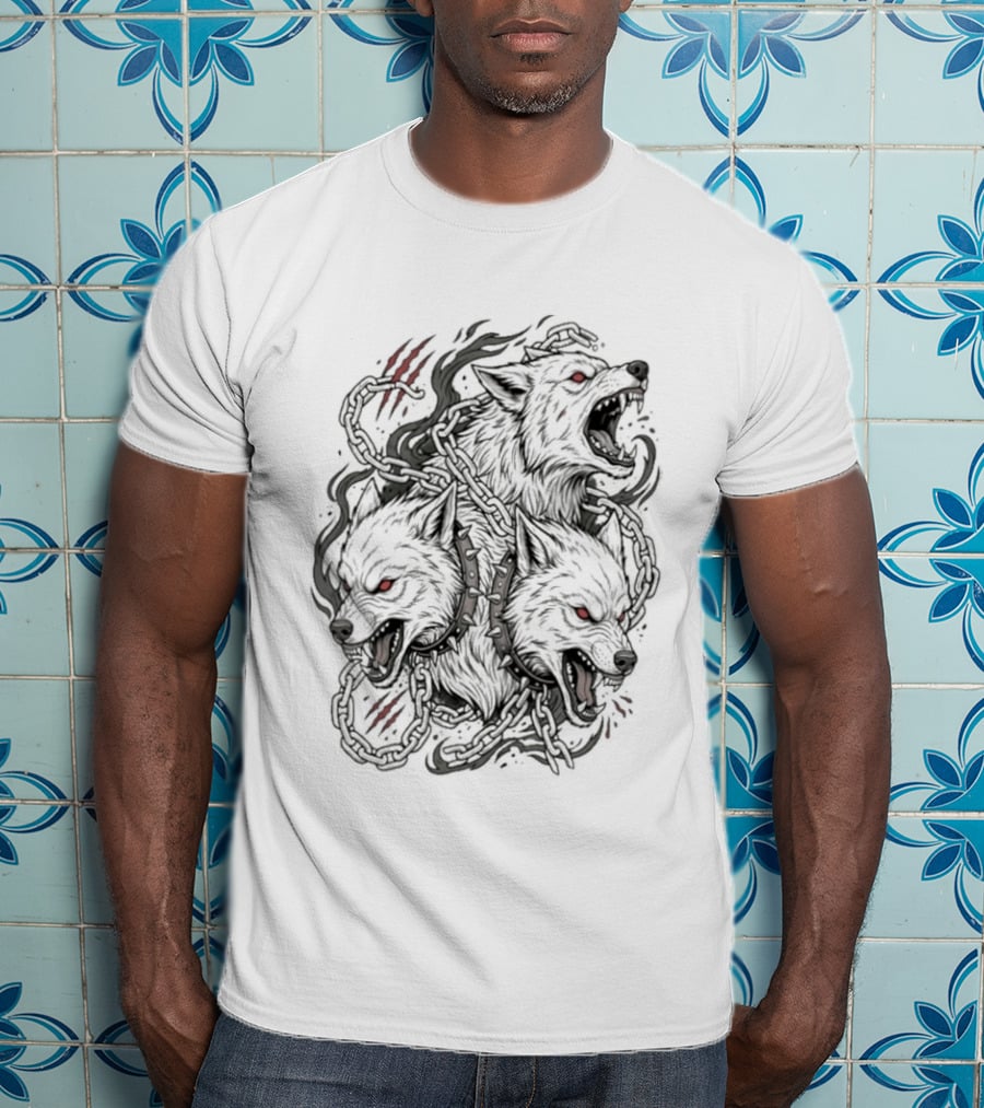 Three Headed Wolf Cerberus Mythology Red Eyes Fierce Gaze T-Shirt