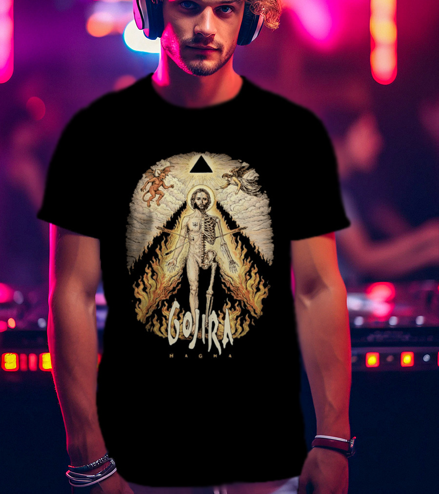Gojira Magma Half Skeleton Half Human Devil Angel Flames Pyramid T-Shirt
