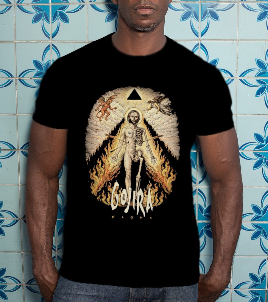 Gojira Magma Half Skeleton Half Human Devil Angel Flames Pyramid T-Shirt