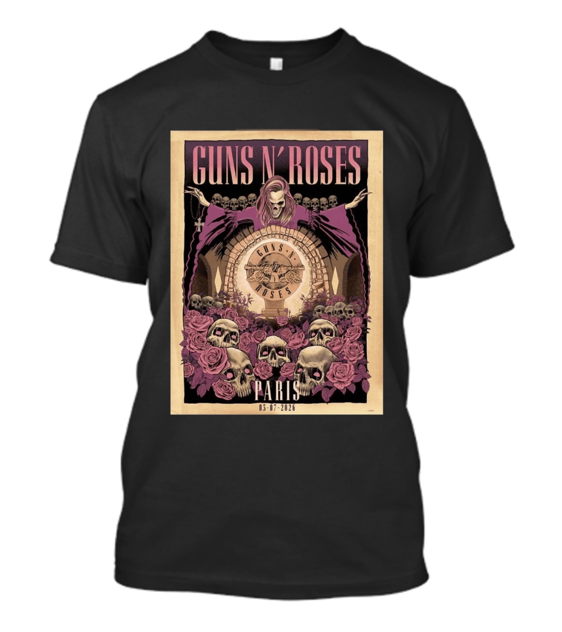 Guns N' Roses Paris 2026 Accor Arena July 3 Event With Skulls And Roses T-Shirt