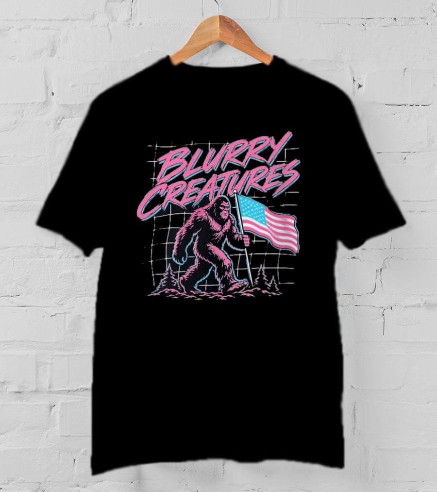 Blurry Creatures Bigfoot Holding American Flag With Retro Grid T-Shirt