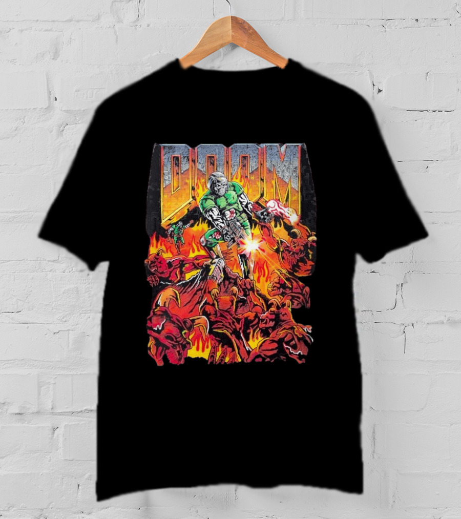 Doom Marine Warren Lotas Retro Video Game Demon Slayer Action Scene T-Shirt