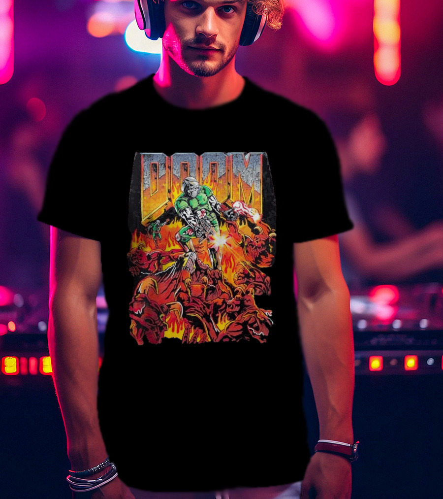 Doom Marine Warren Lotas Retro Video Game Demon Slayer Action Scene T-Shirt