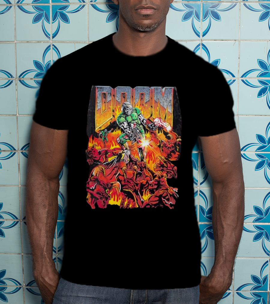 Doom Marine Warren Lotas Retro Video Game Demon Slayer Action Scene T-Shirt