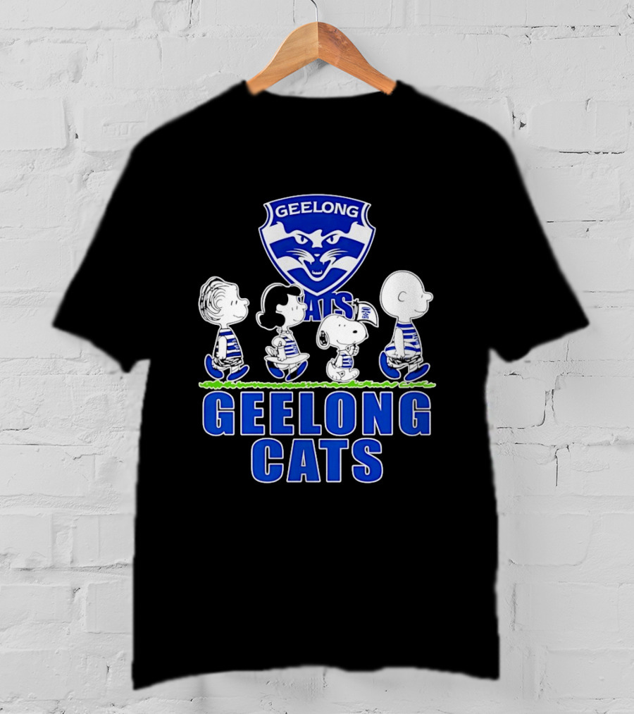 Peanuts Snoopy Charlie Brown Lucy Schroeder Geelong Cats AFL Fan T-Shirt