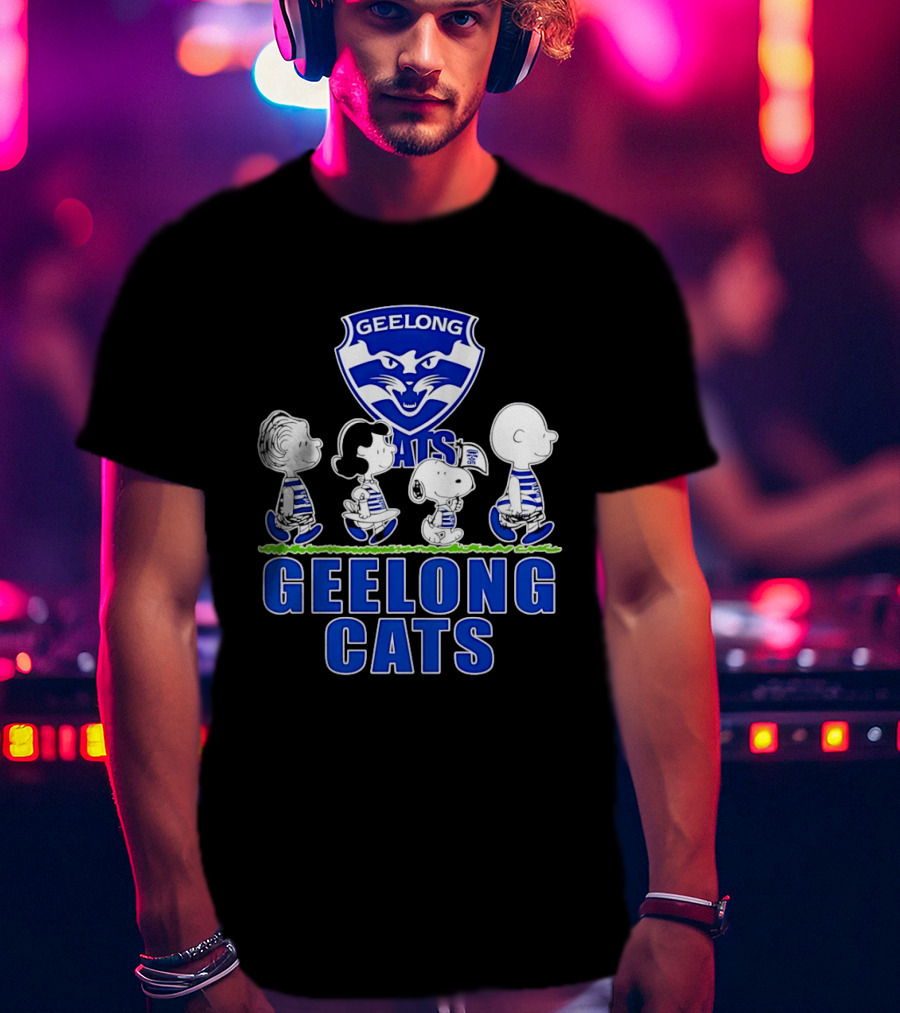 Peanuts Snoopy Charlie Brown Lucy Schroeder Geelong Cats AFL Fan T-Shirt