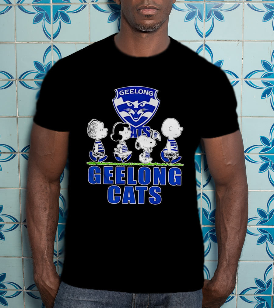 Peanuts Snoopy Charlie Brown Lucy Schroeder Geelong Cats AFL Fan T-Shirt
