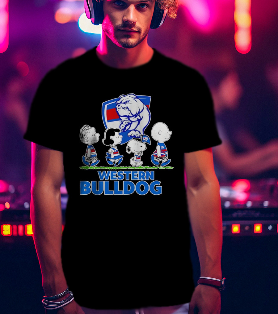 Peanuts Snoopy Charlie Brown Western Bulldogs AFL Team Lucy Schroeder T-Shirt