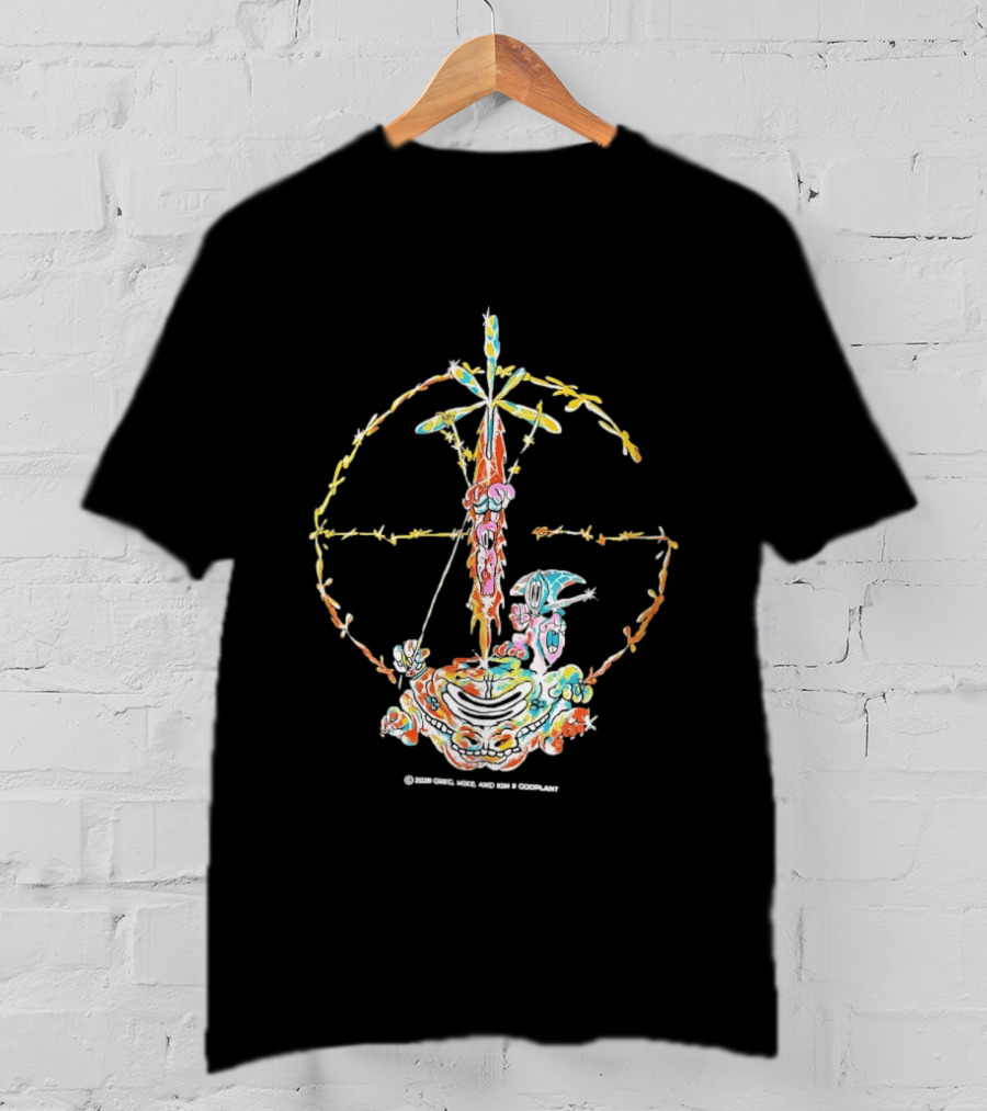 Psychedelic Skeleton Cross Barbed Wire Flowers T-Shirt