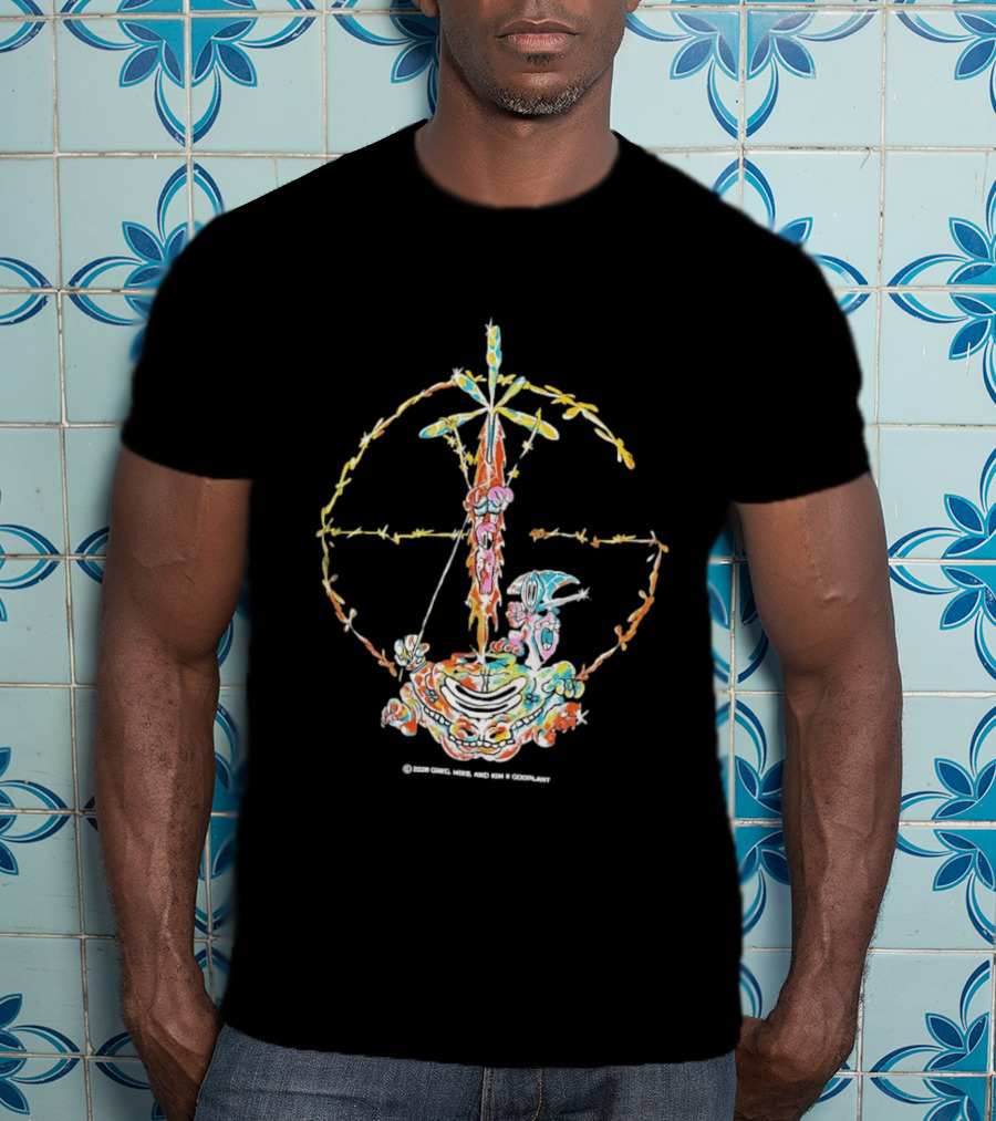 Psychedelic Skeleton Cross Barbed Wire Flowers T-Shirt