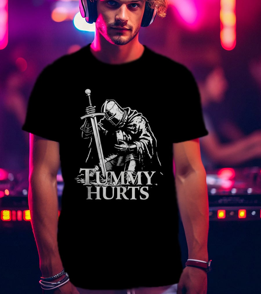 Tummy Hurts Knight Dark Fantasy Medieval Sword Kneeling Warrior T-Shirt