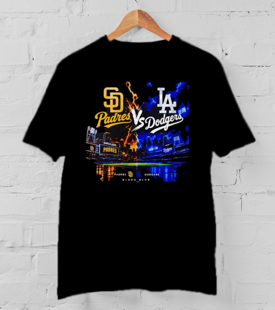 San Diego Padres Vs Los Angeles Dodgers Bleed Blue Petco Park Stadium Lightning T-Shirt