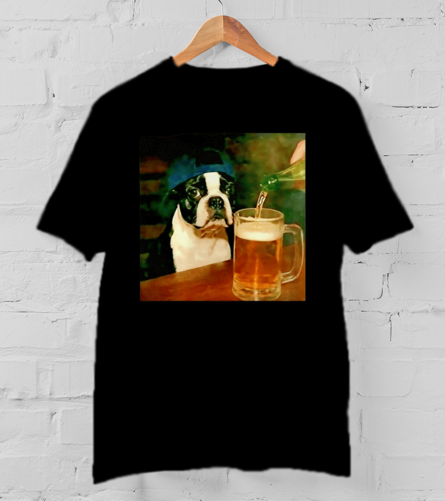 Boston Terrier Baseball Cap Drinking Beer T-Shirt