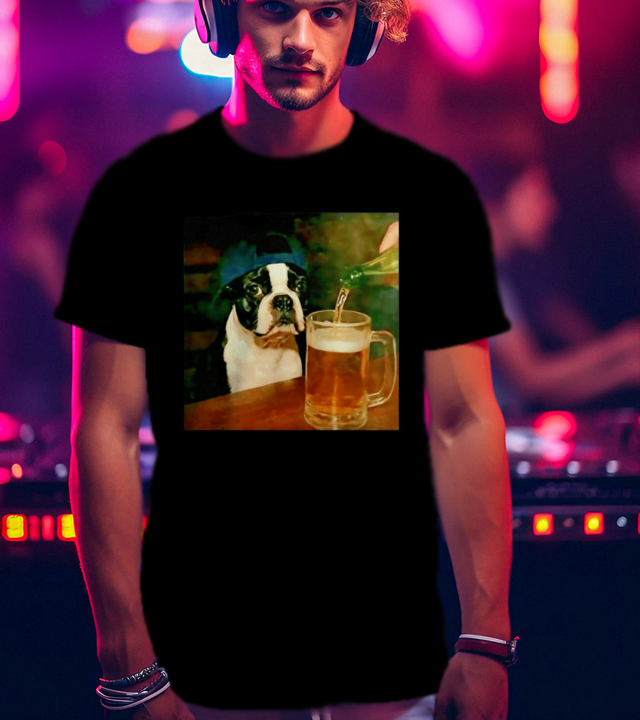 Boston Terrier Baseball Cap Drinking Beer T-Shirt