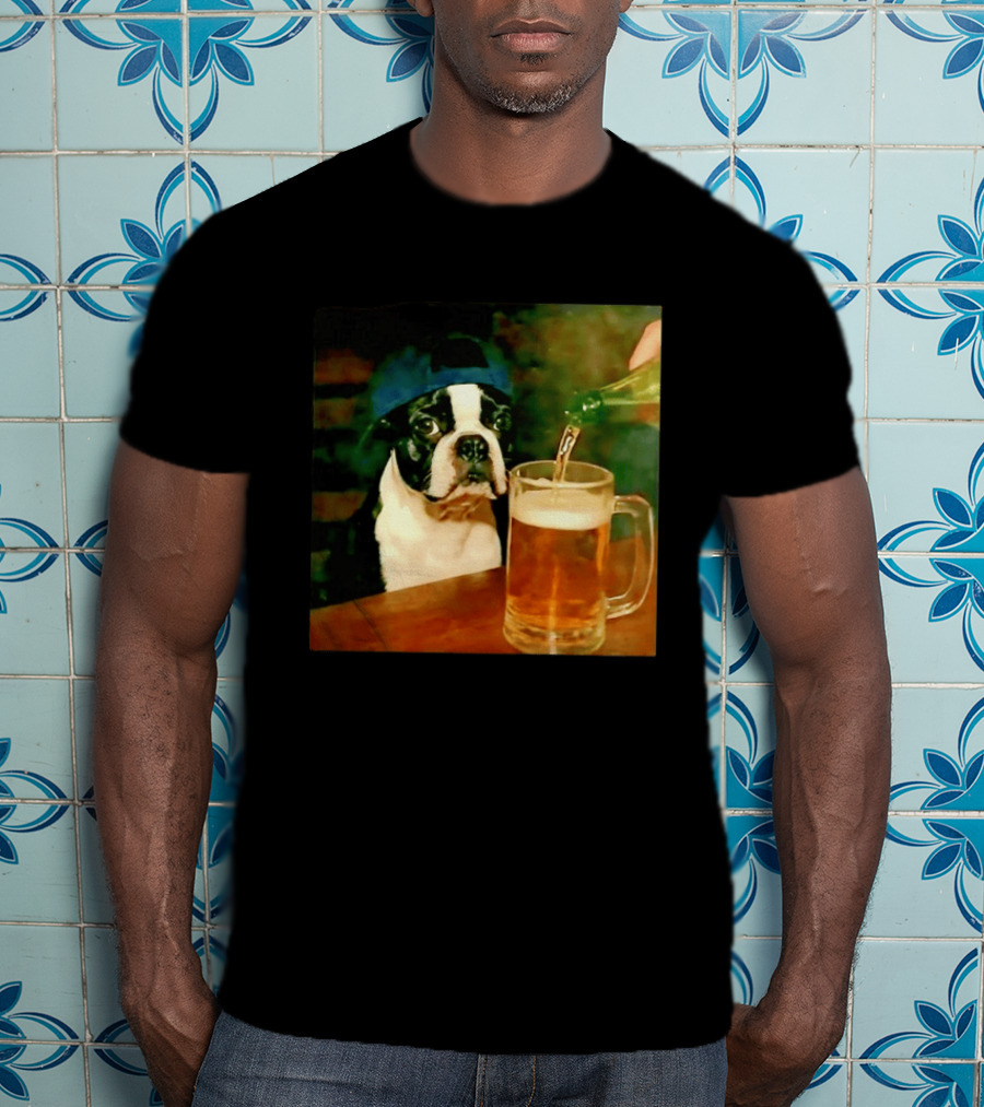 Boston Terrier Baseball Cap Drinking Beer T-Shirt