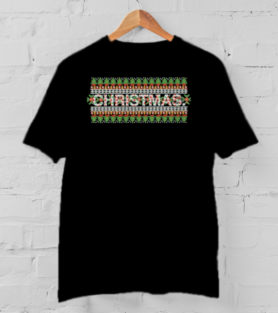 Santa And Cookie Christmas Ugly Sweater Pattern Holiday Festive Green Red T-Shirt