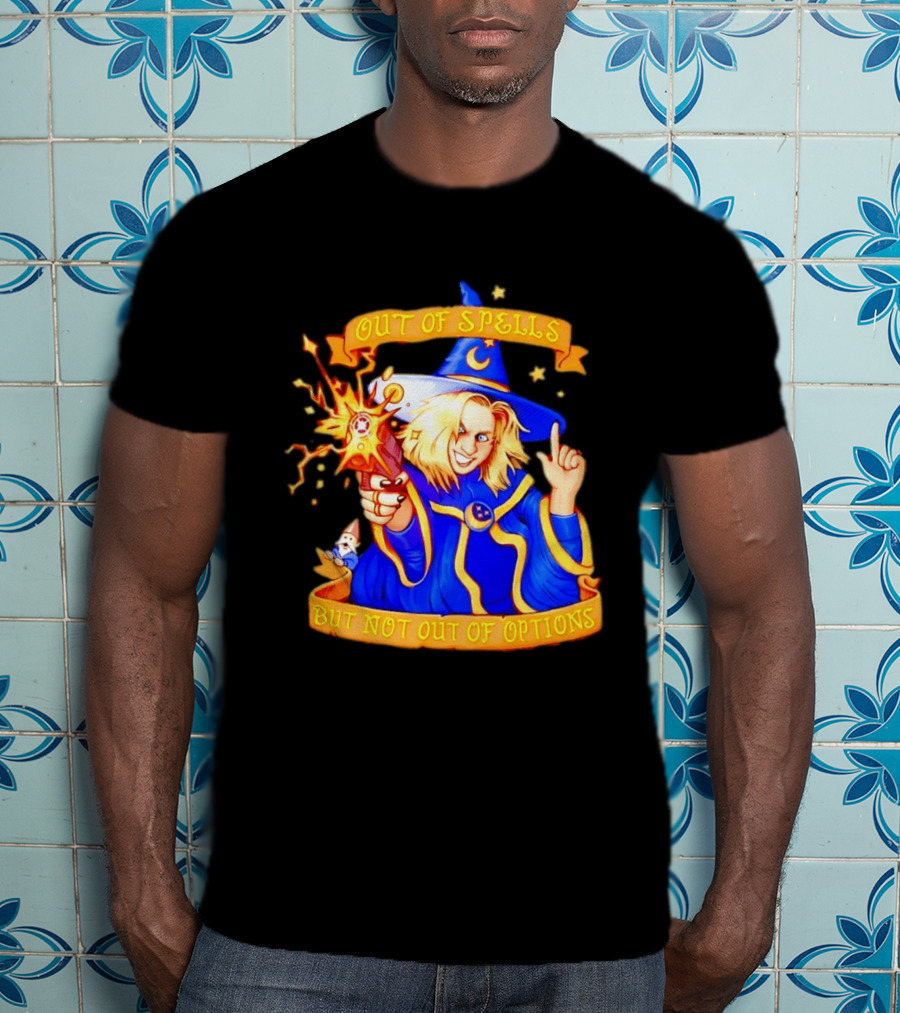 Greg The Sorcerer Out Of Spells Not Out Of Options Enchanting Wizard With Wand And Magic Aura T-Shirt