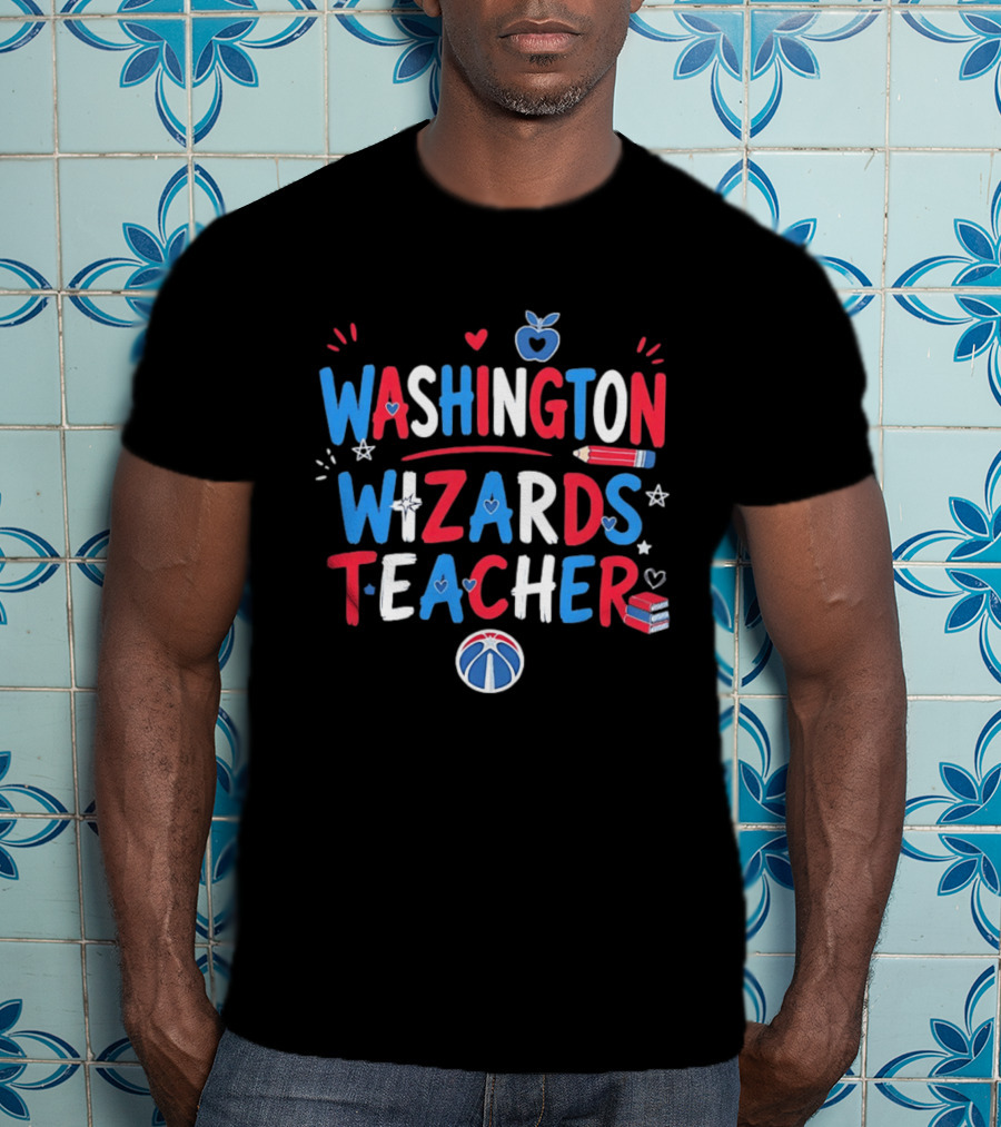 Washington Wizards Teacher Apple Pencil Heart Basketball T-Shirt